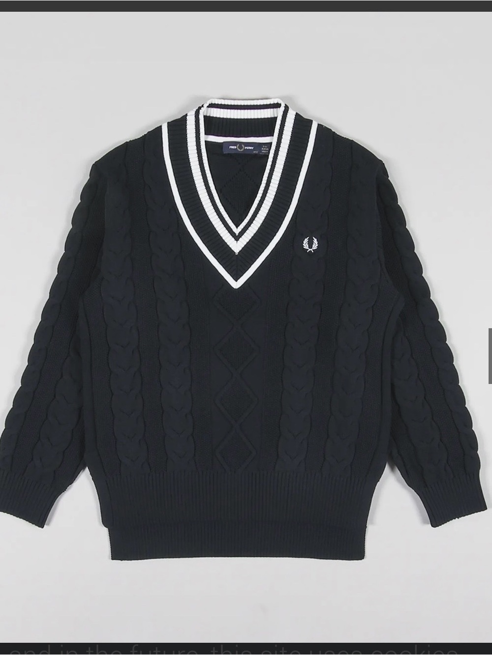 Fred Perry Navy Cable Knit V-Neck Sweater with White Trim and Laurel Logo